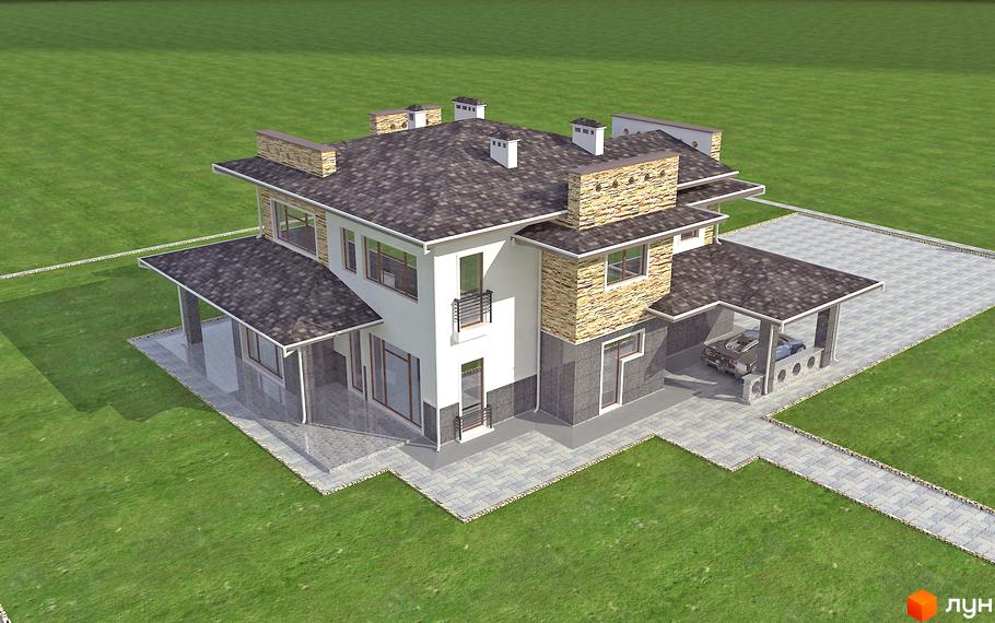 Котеджне містечко КМ Manhattan Club: двоповерховий будинок з сірою черепичною покрівлею, оздобленням з каменю та великими вікнами. Прибудинкова територія з навісом для автомобілів та бруківкою.