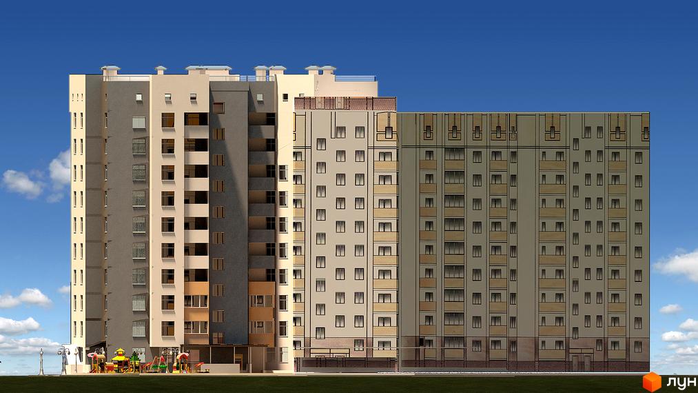 Новобудова Green House з різнокольоровими фасадами та численними вікнами. Перед будинком розташований дитячий майданчик.