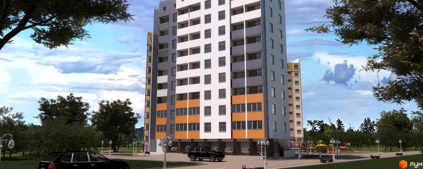 Житловий комплекс Green House - сучасна новобудова з яскравими фасадами та упорядкованою прибудинковою територією, дитячим майданчиком та місцями для паркування.