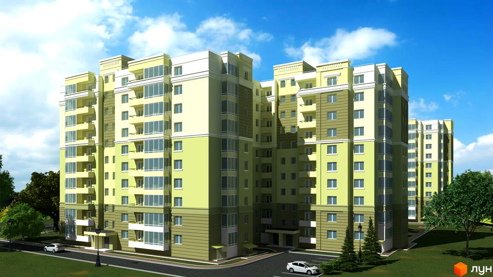 Зображення фасаду та прибудинкової території Житлового комплексу Levanevsky. Багатоповерхова будівля з балконами, поруч зелені насадження та дорога.