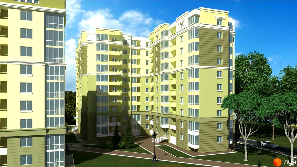Житловий комплекс Levanevsky: багатоповерхові будинки світло-жовтого та світло-зеленого кольорів з вікнами та балконами. Прибудинкова територія з газонами, деревами та доріжками.