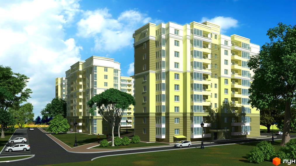 Зображення Житлового комплексу Levanevsky з фасадом у світлих тонах та великими вікнами. Навколо зелена територія з деревами, газонами та дорогою.