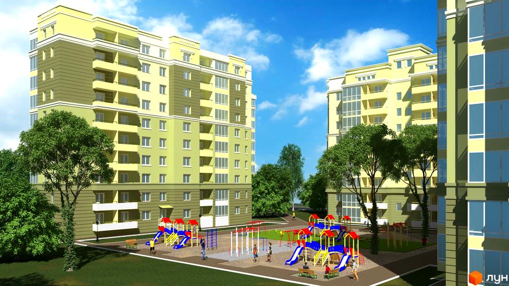 Житловий комплекс Levanevsky з багатоповерховими будинками світло-жовтого та оливкового кольорів. На території розташовані дитячі майданчики, зелені насадження та лавки.