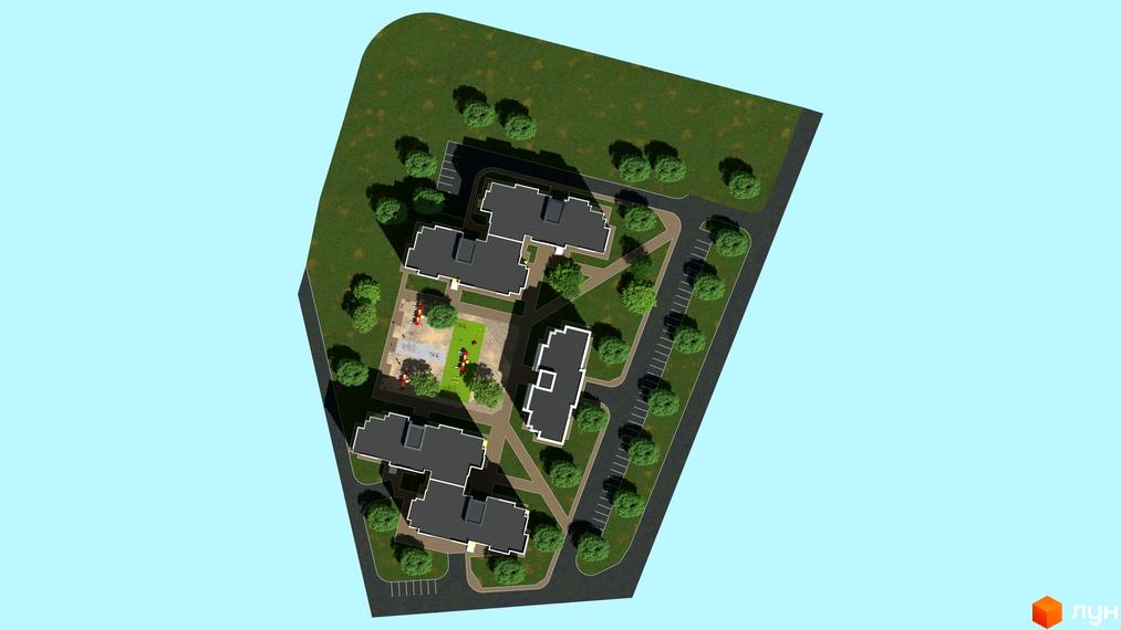 Аерофото Житлового комплексу Levanevsky з кількома багатосекційними будинками, зеленими зонами, парковками та дитячим майданчиком.