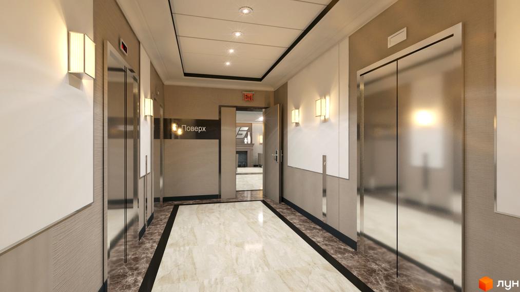 Сучасний інтер'єр холу з ліфтами в житловому комплексі Шевченківський. Елегантний дизайн з мармуровою підлогою та підсвічуванням.