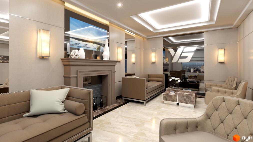 Інтер'єр вітальні в ЖК Шевченківський з каміном, диванами та кріслами. Затишна атмосфера для відпочинку та зустрічей.