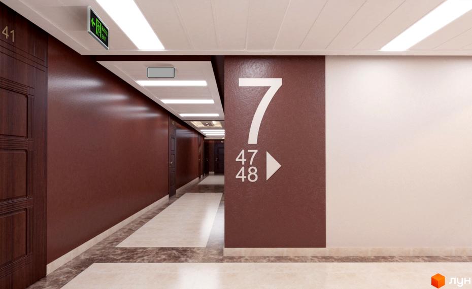Комплекс Шевченківський: коридор з дверима та вказівниками поверхів. Сучасний дизайн інтер'єру новобудови.