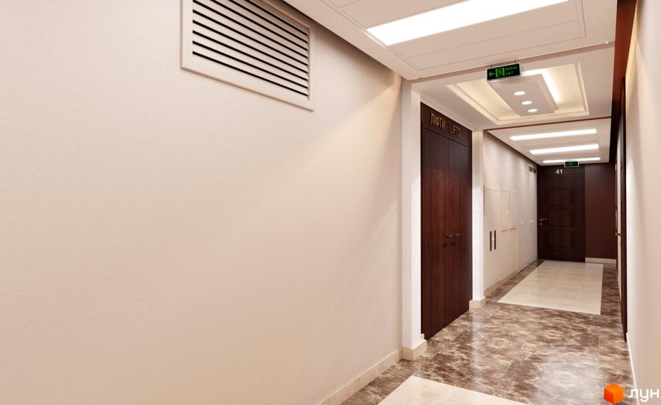 Комплекс Шевченківський: коридор з дверима та виходом на ліфти. Сучасний дизайн інтер'єру.