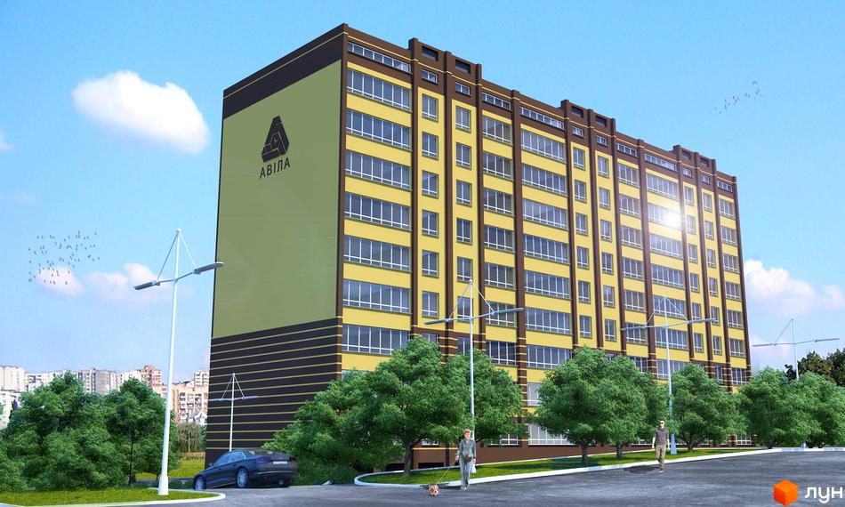 Багатоповерховий житловий будинок ЖК Авіла з жовто-коричневим фасадом та зеленим торцем. Прибудинкова територія з деревами, пішоходами та автомобілем.