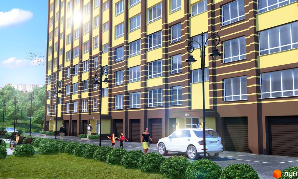 Житловий комплекс Авіла: багатоповерховий будинок у коричнево-жовтих кольорах. Прибудинкова територія з газоном, кущами та лавками.