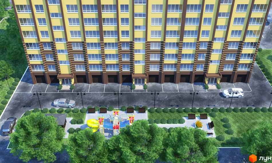 Житловий комплекс Авіла: багатоповерховий будинок з жовтим фасадом, паркінг та дитячий майданчик з зеленими насадженнями.