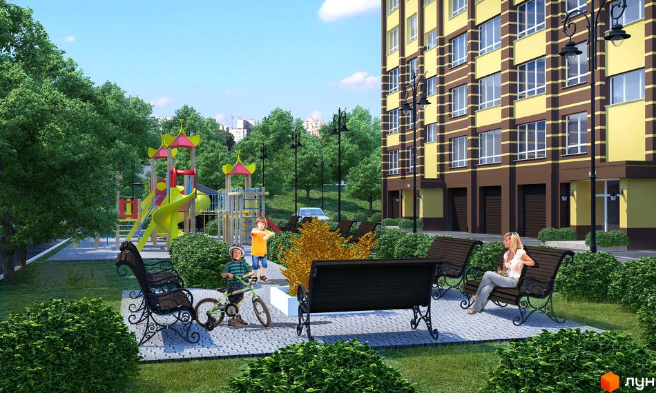 Житловий комплекс Авіла: багатоповерховий будинок з жовто-коричневим фасадом. Прибудинкова територія облаштована дитячим майданчиком, лавками та зеленими насадженнями.