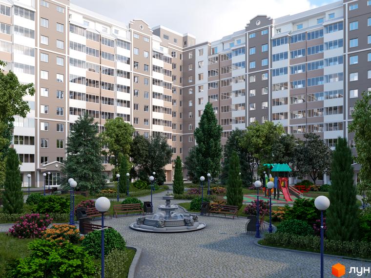 Житловий комплекс Eco Solaris з сучасною архітектурою. На території комплексу розташовані зелені зони, лавки та фонтан.