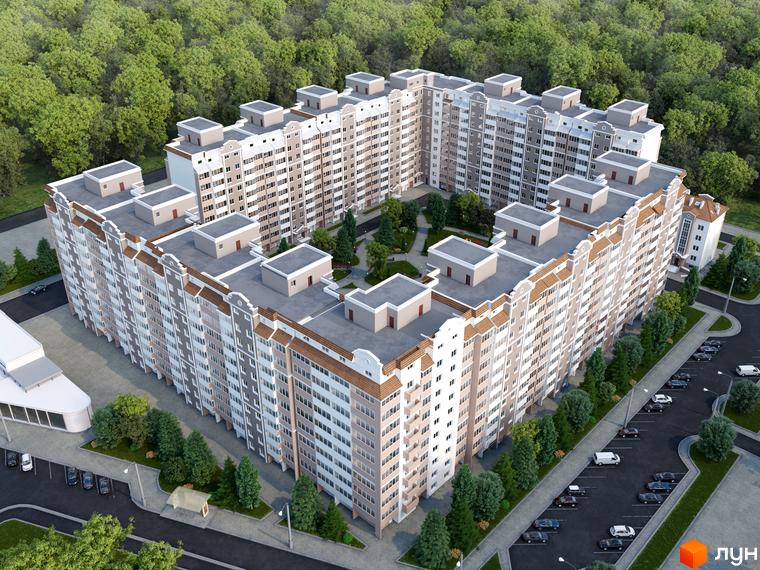 Житловий комплекс Eco Solaris. Висотна будівля з багатьма секціями, світлими фасадами та терасами на даху. На території комплексу є зелені насадження, парковка для автомобілів.