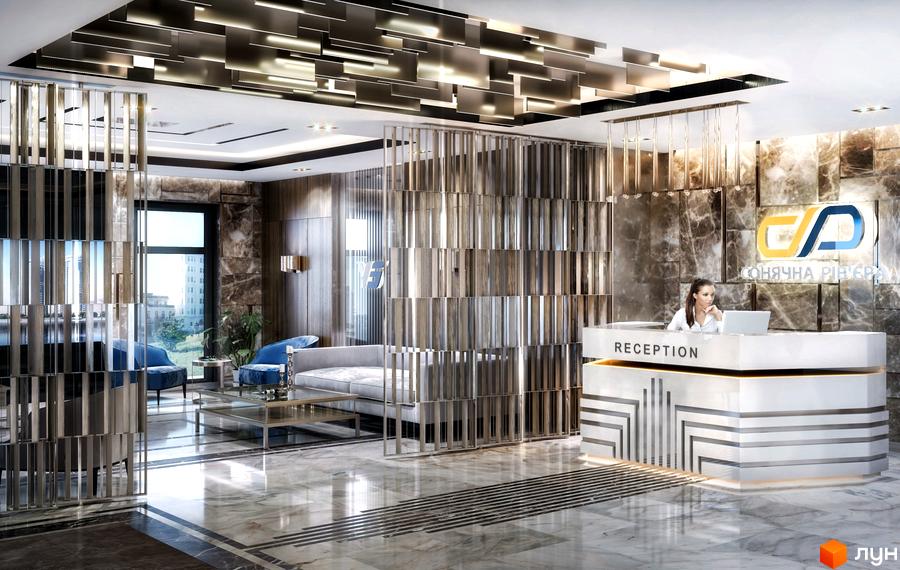Інтер'єр зони рецепції в ЖК Сонячна Рів'єра. Просторий хол з мармуровою підлогою, стійкою реєстрації та зоною відпочинку з м'якими меблями.