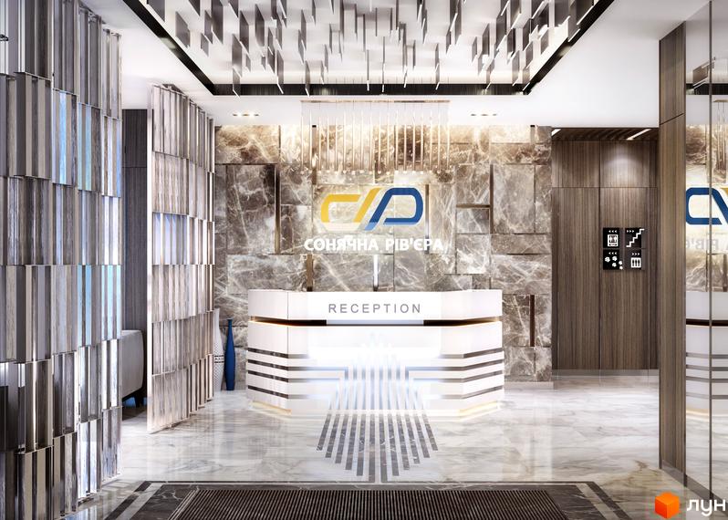 Інтер'єр холу ЖК Сонячна Рів'єра з білою стійкою рецепції, мармуровою підлогою та стінами. На стіні логотип ЖК.