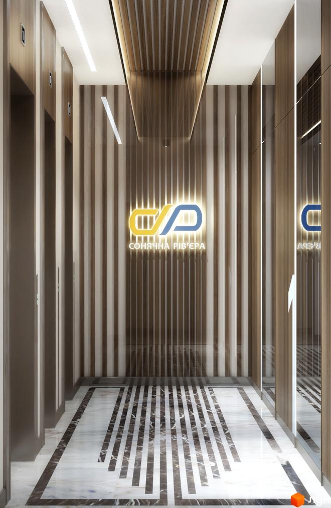 Інтер'єр холу ЖК Сонячна Рів'єра з ліфтами та мармуровою підлогою. Стіни оздоблені дерев'яними панелями з підсвічуванням.