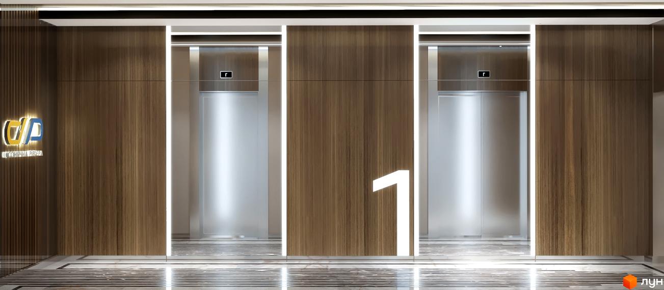 Вид на вхідну групу в ЖК Сонячна Рів'єра. Два ліфти з металевими дверима, оздоблення з дерева, світлодіодне підсвічування та номер поверху.