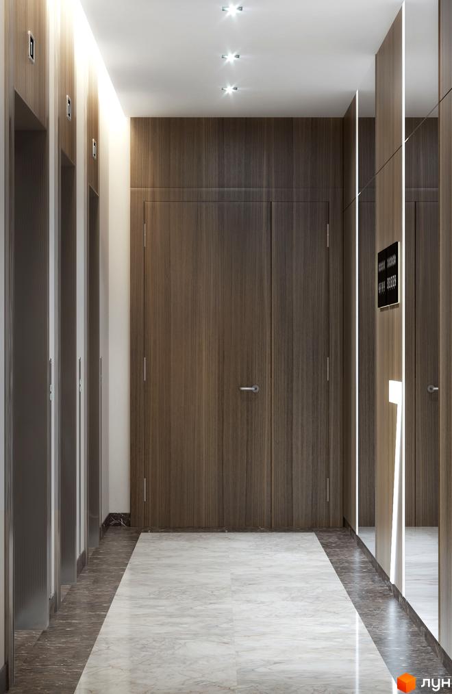 Коридор в житловому комплексі з дерев'яними панелями на стінах та мармуровою підлогою. Двері з дерев'яним оздобленням, вбудоване освітлення.