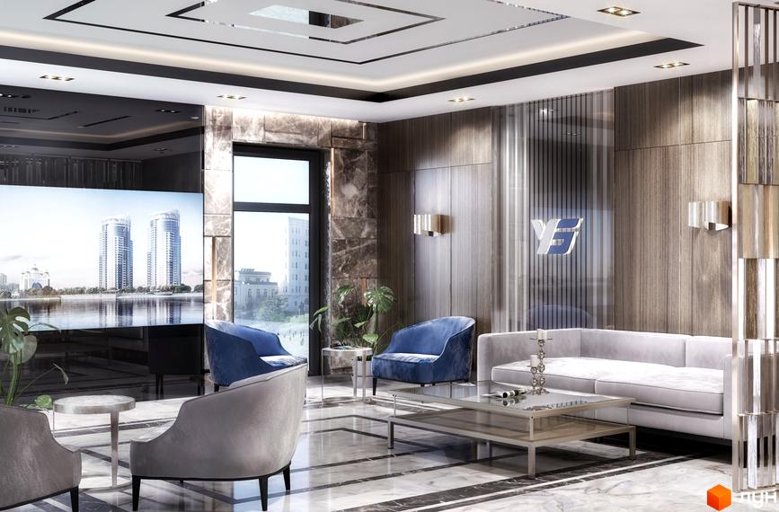 Інтер'єр холу в ЖК Сонячна Рів'єра. Просторий хол з мармуровою підлогою, диваном та кріслами. На стінах логотип житлового комплексу.