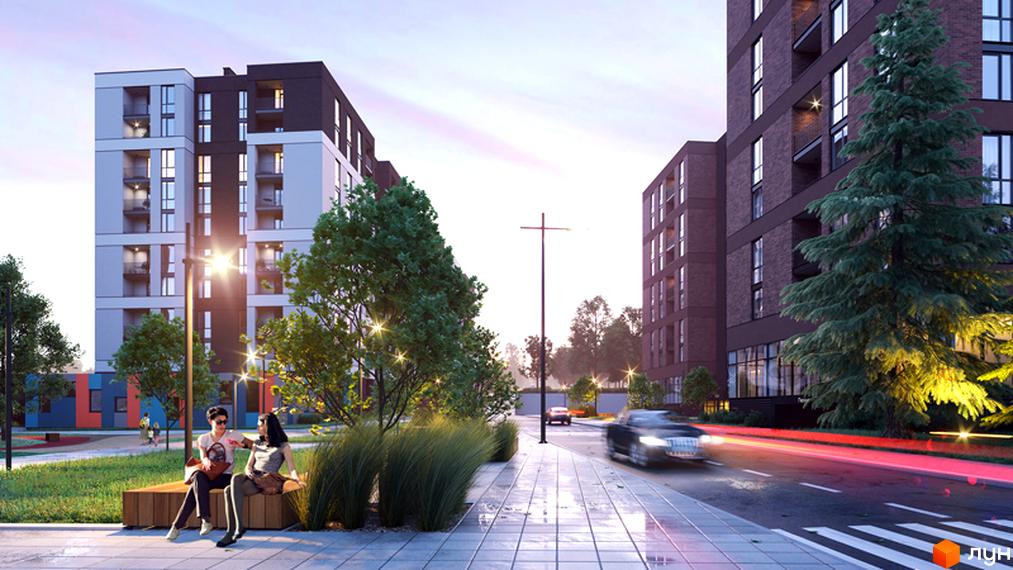 Зображення Житлового комплексу Avalon Zelena Street: багатоповерхові будинки з великими вікнами, зелені насадження, тротуарна плитка та лавочки для відпочинку.