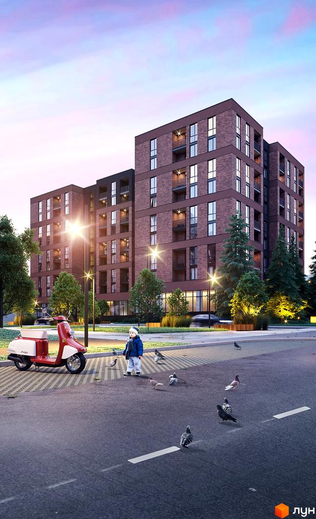 Зображення фасаду та прибудинкової території Житлового комплексу Avalon Zelena Street. На передньому плані дитина та скутер.