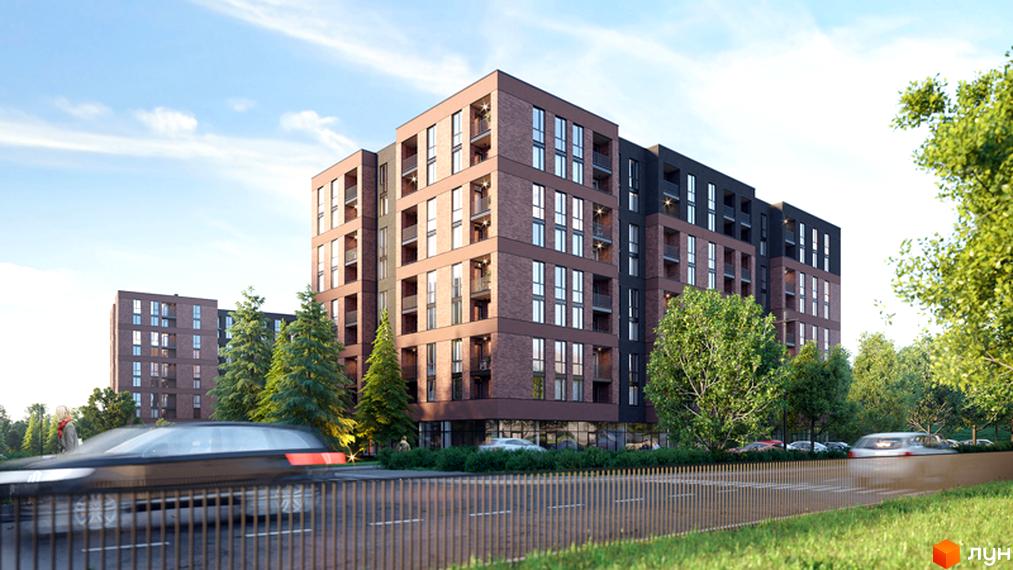 Зображення фасаду та прибудинкової території Будівельного проєкту Avalon Zelena Street. Багатоповерховий будинок з балконами, поруч дерева та дорога.