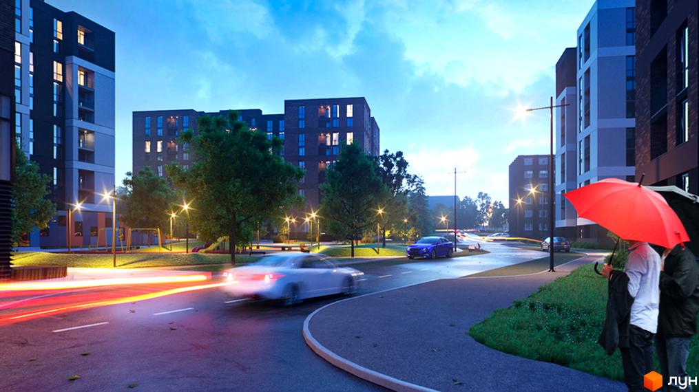 Зображення будинку в Житловому комплексі Avalon Zelena Street. Вигляд на прибудинкову територію з дорогою та освітленням.