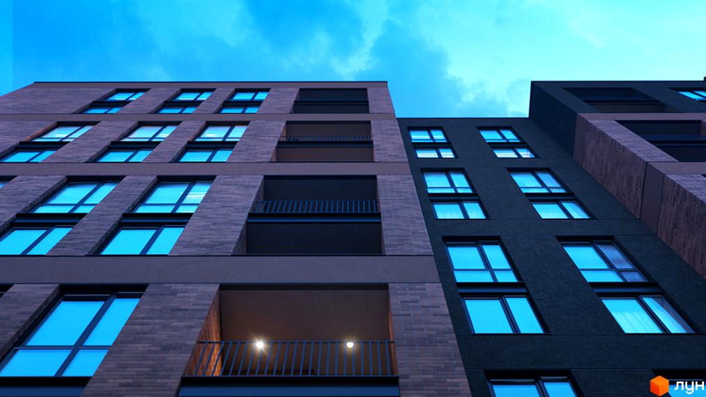 Зображення фасаду будинку Житлового комплексу Avalon Zelena Street. Багатоповерхівка з великими вікнами та балконами на тлі блакитного неба.