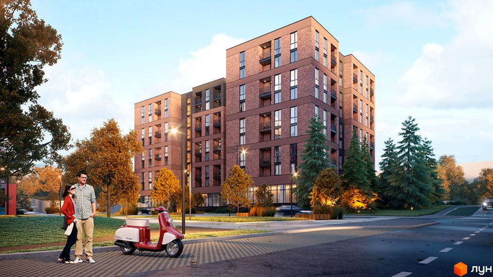 Зображення фасаду та прибудинкової території житлового комплексу Avalon Zelena Street. Багатоповерховий будинок з цегли, зелені насадження.