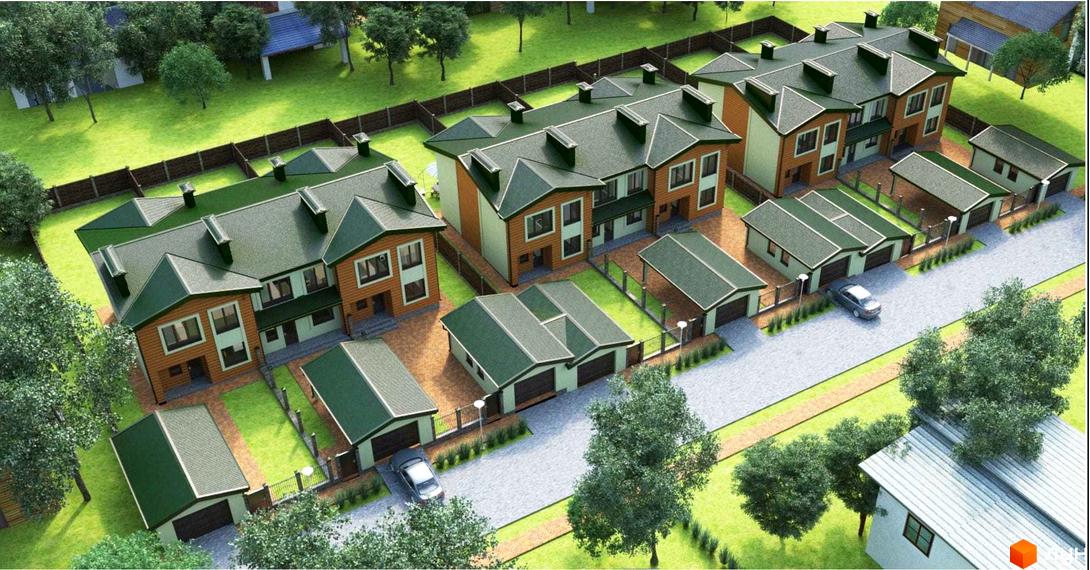 Зовнішній вигляд таунхаусів Dream House з зеленими дахами та коричневими фасадами. Прибудинкова територія з газоном, деревами та дорогою.
