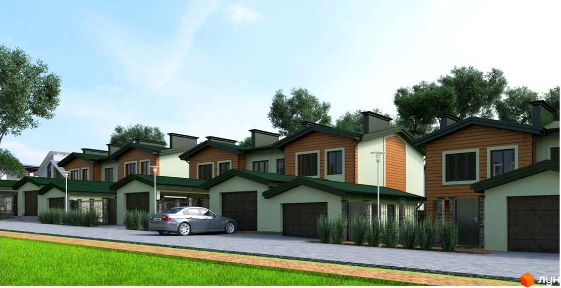 Зовнішній вигляд таунхаусів Dream House з гаражами та доглянутою прибудинковою територією. Сучасний житловий комплекс з акуратними фасадами та зеленими насадженнями.