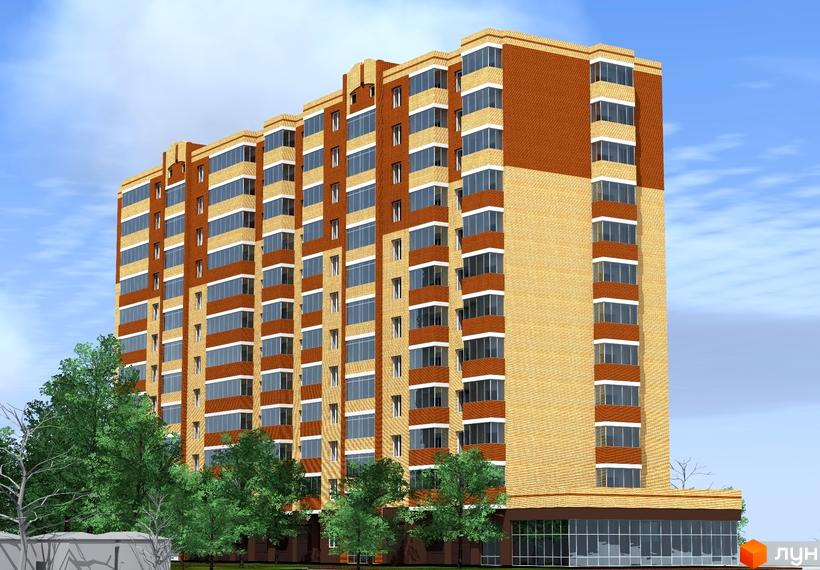 Зовнішній вигляд житлового комплексу Слов'янський: цегляна багатоповерхівка з великою кількістю вікон та балконів. Навколо будівлі зелені дерева та частина прибудинкової території.