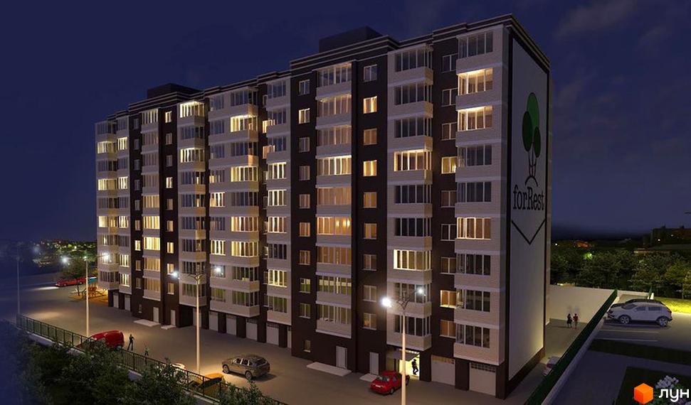 Новобудова ЖК Forrest з підсвіченими вікнами вночі. На фасаді будівлі зображено логотип проєкту. Біля будинку розташована парковка з автомобілями та освітлення.