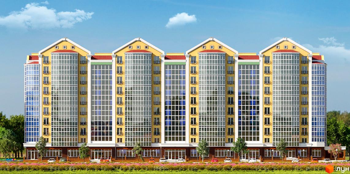 Житловий комплекс Кадетський: багатоповерховий будинок з жовтим фасадом, великими вікнами та червоними дахами. Навколо зелений газон та квіткові клумби.