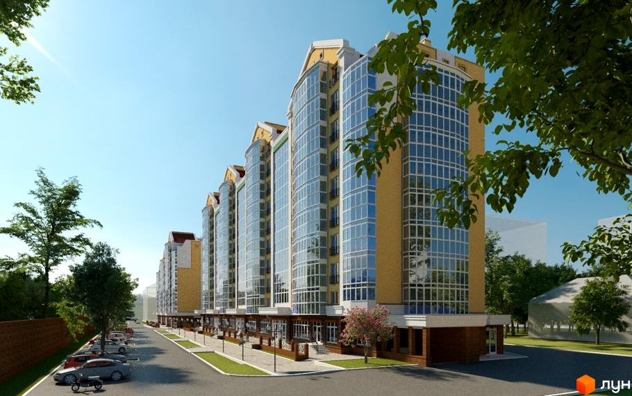 Житловий комплекс Кадетський: багатоповерхові будинки бежевого кольору з великими скляними фасадами. Прибудинкова територія з парковкою, зеленими газонами та деревами.