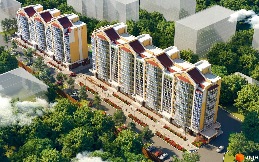 Житловий комплекс Кадетський: багатоповерхові будинки з жовтими фасадами, червоними дахами та панорамними вікнами. Територія з деревами, клумбами та пішохідними доріжками.