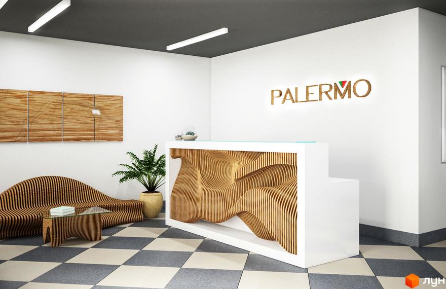 Вхідна група житлового комплексу Palermo: рецепція з хвилястими дерев'яними панелями, зона очікування з диваном та кавовим столиком.