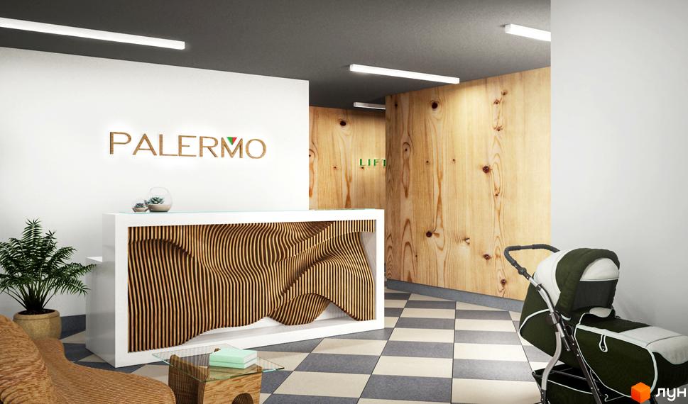 Вхідна група Житлового комплексу Palermo: рецепція, дерев'яні панелі стін, плитка на підлозі. Зона очікування та ліфт.
