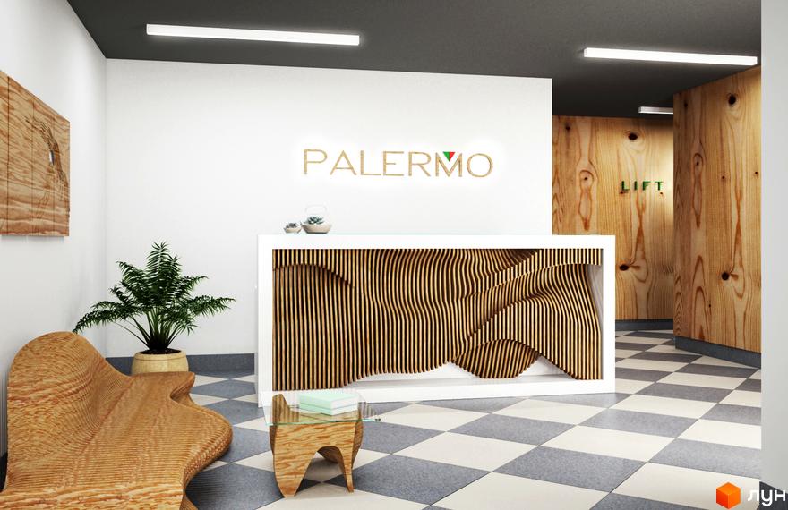 Вхідна група Житлового комплексу Palermo з дерев'яними хвилястими елементами дизайну та логотипом. На підлозі плитка у шаховому порядку.