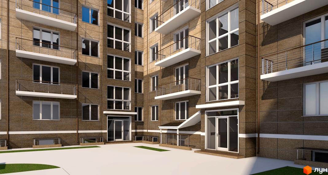 Зовнішній вигляд новобудови ЖК London з балконами та великими вікнами. Прибудинкова територія з доріжками та зеленою зоною.