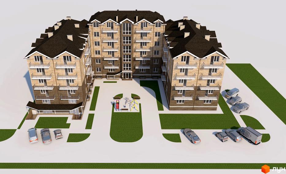 Зовнішній вигляд житлового комплексу Лондон з цегляним фасадом, численними балконами та прибудинковою територією з дитячим майданчиком та парковкою. Огляд новобудови.