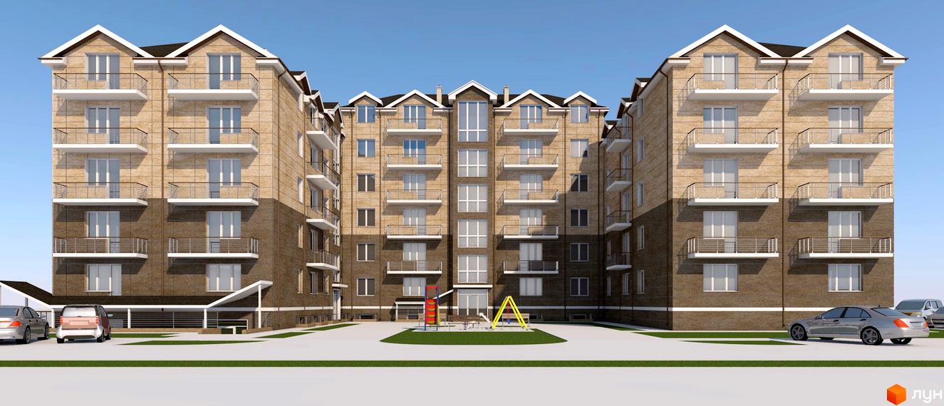 Житловий комплекс Лондон: симетрична багатоповерхова новобудова зі світло-бежевим фасадом та балконами. Перед будинком розташований дитячий майданчик та автомобілі.