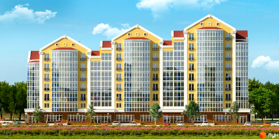 ЖК Кадетський: багатосекційний житловий будинок з жовтим фасадом, червоним дахом та панорамними вікнами. Прибудинкова територія з квітниками та парковкою.