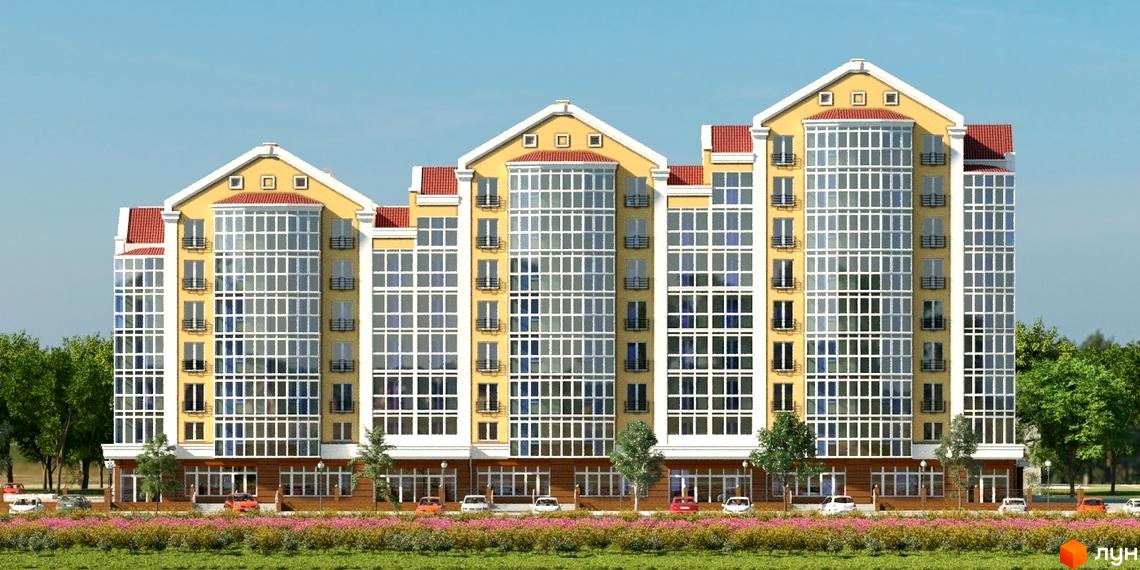 Житловий комплекс Кадетський має жовтий фасад, білі вікна та червоні дахи. Перед будинком зелений газон з квітами, дерева та припарковані автомобілі.