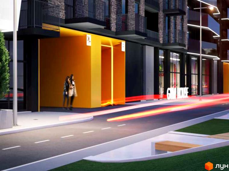 Житловий комплекс Avalon: фасади будівель з жовтими елементами та скляними вікнами. Прибудинкова територія з дорогою та зеленими насадженнями.