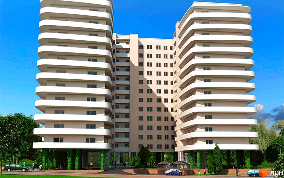 Житловий комплекс Сади Семіраміди. Зовнішній вигляд будинку з вигнутими балконами та центральною частиною, зелена прибудинкова територія з деревами та автомобілями.