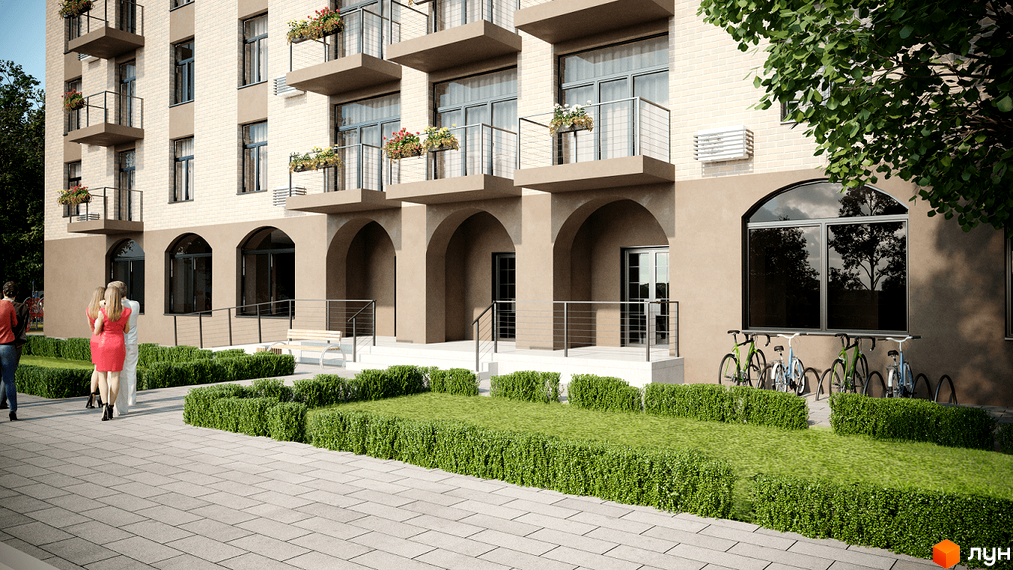 Зовнішній вигляд новобудови ЖК Освіти, 14 з балконами та арковими входами. Прибудинкова територія з газоном, кущами та велосипедною парковкою.
