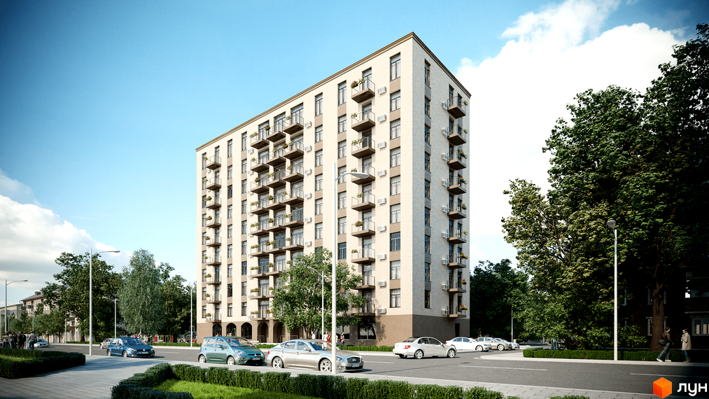Зовнішній вигляд будинку ЖК Освіти, 14. Фасад світлої цегли, багато балконів з квітами. Прибудинкова територія з деревами та дорогою з автомобілями.
