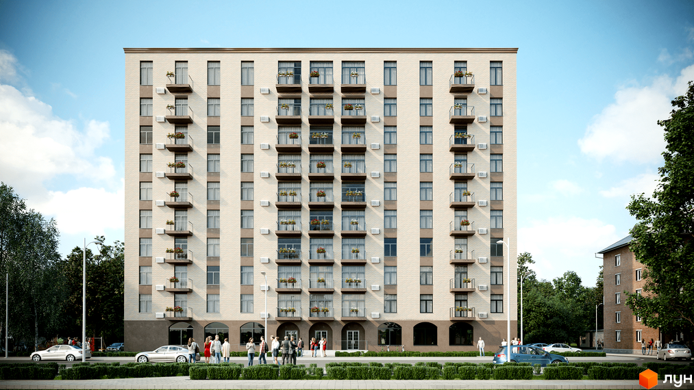 Зовнішній вигляд житлового комплексу Освіти, 14, з фасадом з світлої цегли та балконами, прибудинкова територія з деревами та автомобілями.